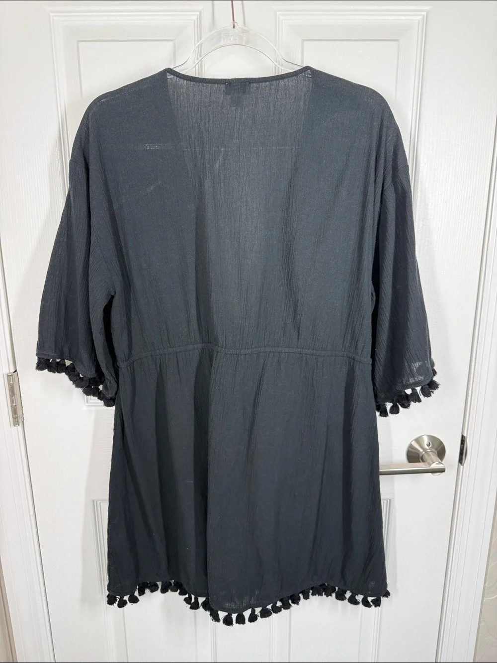 J Crew black cotton tassel tie front bathing suit swim coverup kimono size large